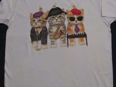 UNFORGETTABLE GIFT- AMERICAN T-SHIRT PRINTED AMERICAN MOTIVE "THREE CATS PLAYING MUSIC" TOP QUALITY-LOWEST PRICE GAURANTEED-DO NOT MISS THIS CHANCE-FREE HOME(POST OFFICE) DELIVERY-ART NO.171106-7021-REA 50%