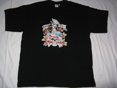 AMERICAN T-SHIRT PRINTED WITH MOTIVE OF "LOVE TO DEATH"-UNFORGETTABLE GIFT-TOP QUALITY-LOWEST PRICE GUARANTEED-DO NOT MISS THIS CHANCE-FREE HOME(POST OFFICE) DELIVERY-ART NO. 1979122683-REA 50%